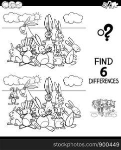 Black and White Cartoon Illustration of Finding Six Differences Between Pictures Educational Game for Children with Rabbits Animal Characters Coloring Book