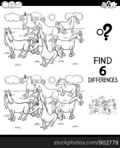 Black and White Cartoon Illustration of Finding Six Differences Between Pictures Educational Game for Children with Horses Animal Characters Coloring Book