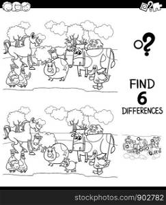 Black and White Cartoon Illustration of Finding Six Differences Between Pictures Educational Game for Children with Farm Animal Characters Coloring Book
