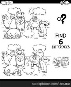 Black and White Cartoon Illustration of Finding Six Differences Between Pictures Educational Game for Children with Bears Animal Characters Color Book
