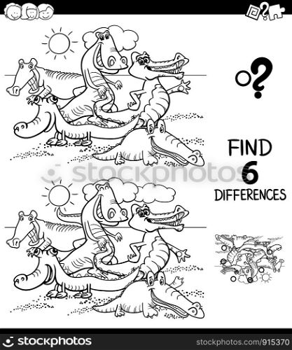 Black and White Cartoon Illustration of Finding Six Differences Between Pictures Educational Game for Children with Crocodiles Animal Characters Coloring Book
