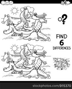 Black and White Cartoon Illustration of Finding Six Differences Between Pictures Educational Game for Children with Crocodiles Animal Characters Coloring Book
