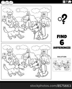 Black and white cartoon illustration of finding the differences betweenπctures educational game with comic dogs animal characters group coloring pa≥
