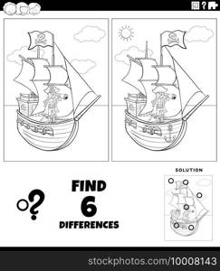 Black and white cartoon illustration of finding the differences between pictures educational game for kids with pirate and his ship coloring book page