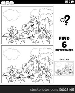 Black and white cartoon illustration of finding the differences between pictures educational game for kids with farm animal characters coloring book page
