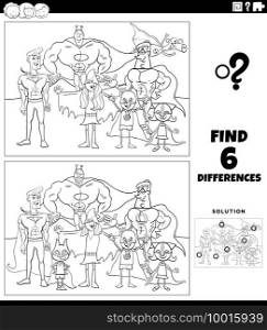 Black and white cartoon illustration of finding the differences between pictures educational game for kids with funny super hero characters coloring book page
