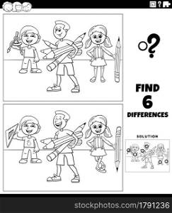 Black and white cartoon illustration of finding the differences between pictures educational game with pupils children coloring book page