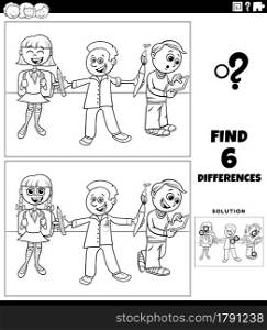 Black and white cartoon illustration of finding the differences between pictures educational game with elementary age students coloring book page