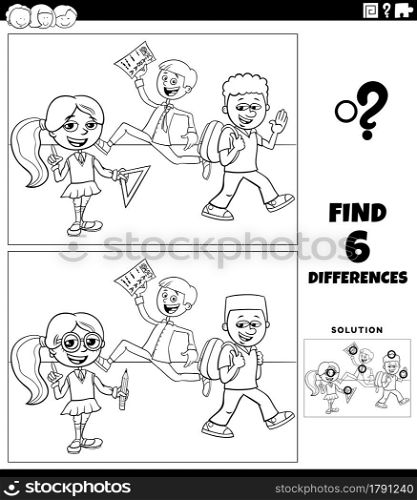 Black and white cartoon illustration of finding the differences between pictures educational game with elementary age pupils coloring book page