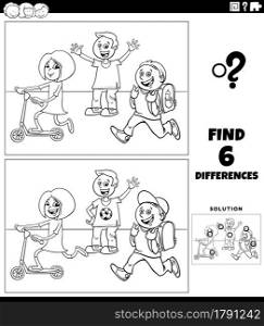 Black and white cartoon illustration of finding the differences between pictures educational game with elementary age children coloring book page