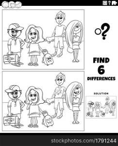 Black and white cartoon illustration of finding the differences between pictures educational game with elementary age kids coloring book page