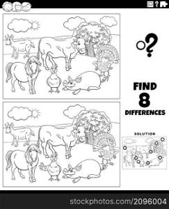 Black and white cartoon illustration of finding the differences between pictures educational task for children with farm animal characters group coloring book page
