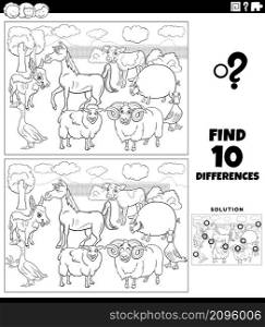 Black and white cartoon illustration of finding the differences between pictures educational game for children with farm animal characters group coloring book page