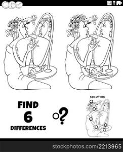 Black and white cartoon illustration of finding the differences between pictures educational game with woman doing makeup coloring book page