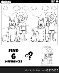 Black and white cartoon illustration of finding the differences between pictures educational game with girl and her dog coloring book page