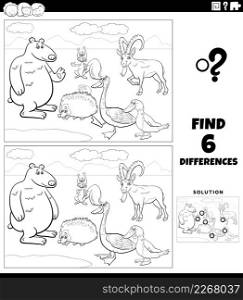 Black and white cartoon illustration of finding the differences between pictures educational game for children with animal characters group coloring book page
