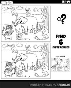 Black and white cartoon illustration of finding the differences between pictures educational game for children with funny animal characters group coloring book page