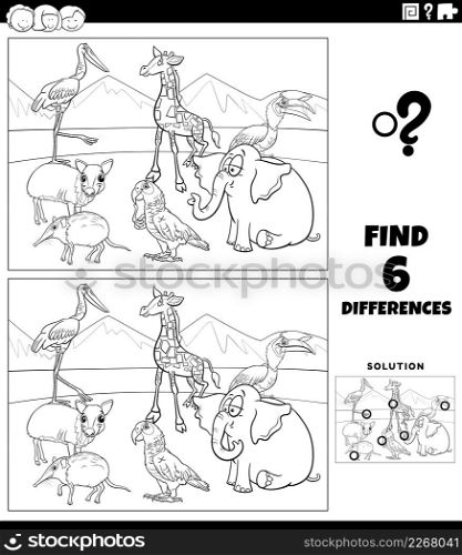 Black and white cartoon illustration of finding the differences between pictures educational game for children with comic animal characters group coloring book page