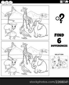 Black and white cartoon illustration of finding the differences between pictures educational game for children with comic animal characters group coloring book page