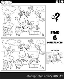 Black and white cartoon illustration of finding the differences between pictures educational game for children with happy animal characters group coloring book page