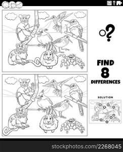 Black and white cartoon illustration of finding the differences between pictures educational task for children with animal characters group coloring book page