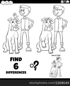 Black and white cartoon illustration of finding the differences between pictures educational task with boy and his dog coloring book page