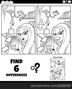 Black and white cartoon illustration of finding the differences between pictures educational task with girl and mess in her room coloring book page