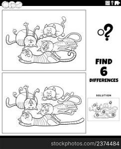 Black and white cartoon illustration of finding the differences between pictures educational game for children with sleeping cats characters group coloring book page