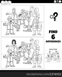 Black and white cartoon illustration of finding the differences between pictures educational game for children with businessman characters group coloring book page