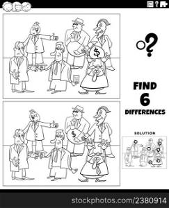 Black and white cartoon illustration of finding the differences between pictures educational game for children with businessmen characters group coloring book page