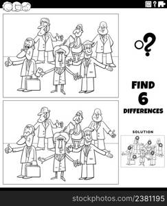 Black and white cartoon illustration of finding the differences between pictures educational game for children with men or businessmen characters group coloring book page