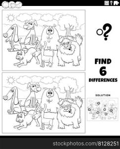 Black and white cartoon illustration of finding the differences between pictures educational game with happy dogs animal characters group coloring book page