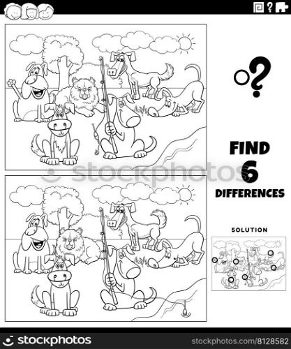 Black and white cartoon illustration of finding the differences between pictures educational game with happy dogs animal characters group coloring book page