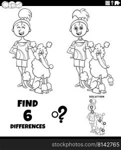 Black and white cartoon illustration of finding the differences between pictures educational game with teen girl and her poodle dog coloring book page