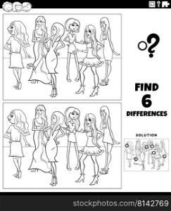 Black and white cartoon illustration of finding the differences between pictures educational game with beautiful women characters group coloring page