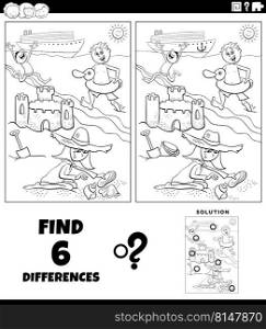 Black and white cartoon illustration of finding the differences between pictures educational game with children on the beach at the seaside coloring page