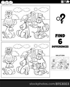Black and white cartoon illustration of finding the differences between pictures educational game with funny dogs animal characters group coloring page