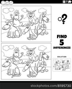 Black and white cartoon illustration of finding the differences between pictures educational game with happy dogs animal characters group in the park coloring page