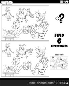 Black and white cartoon illustration of finding the differences between pictures educational game with comic dogs animal characters group coloring page