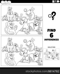 Black and white cartoon illustration of finding the differences between pictures educational activity with comic dogs animal characters group coloring page