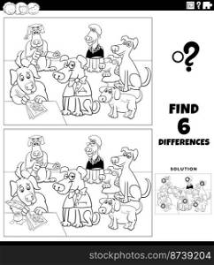 Black and white cartoon illustration of finding the differences between pictures educational game with comic dogs animal characters group coloring page