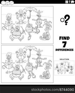 Black and white cartoon illustration of finding the differences between pictures educational game with funny clowns characters group coloring page