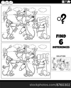 Black and white cartoon illustration of finding the differences between pictures educational game with funny dogs animal characters group coloring page