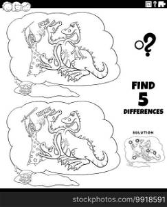Black and white cartoon illustration of finding the differences between pictures educational game with girl’s fantasy dream coloring book page