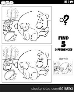 Black and white cartoon illustration of finding the differences between pictures educational game for children with bears and hedgehogs coloring book page