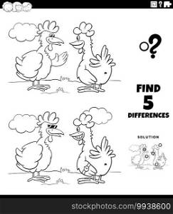 Black and white cartoon illustration of finding the differences between pictures educational game for children with two hens or chickens coloring book page