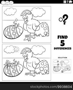 Black and white cartoon illustration of finding the differences between pictures educational game for children with Easter chicks hatching from eggs coloring book page