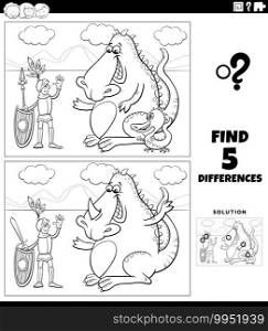 Black and white cartoon illustration of finding the differences between pictures educational game with knight and dragon fantasy characters coloring book page