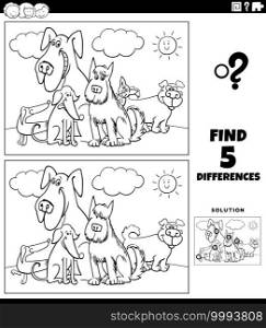 Black and white cartoon illustration of finding the differences between pictures educational game with funny dogs animal characters group coloring book page