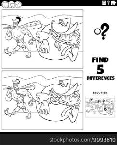 Black and white cartoon illustration of finding the differences between pictures educational game with prehistoric man or caveman with mammoth coloring book page